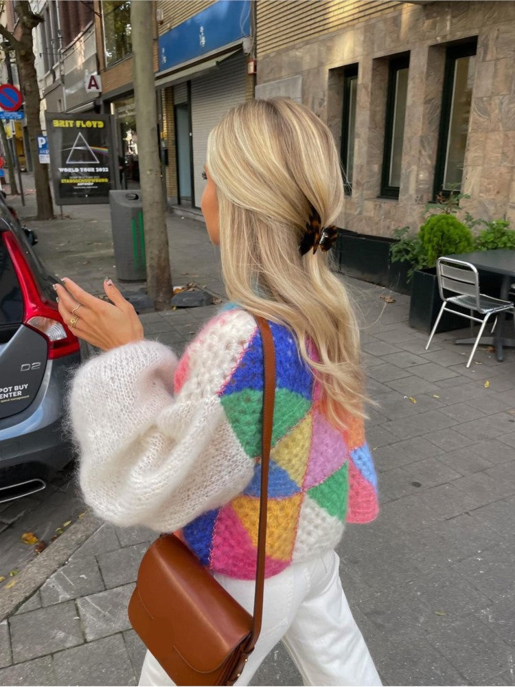 Damen Strick-Cardigan mit Farbblöcken und Ballonärmeln