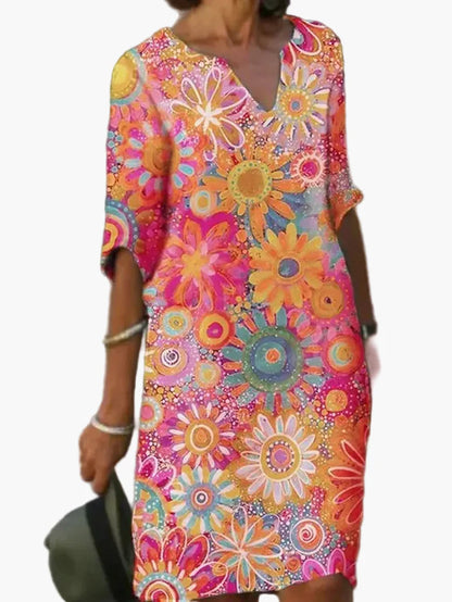 Damen Sommerkleid mit V-Ausschnitt und Blumenmuster – Freizeit & Festlich, Boho-Stil