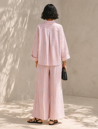 Damen Schlafanzugset Rosa mit Streifen Halbzip-Oberteil und weiter Hose
