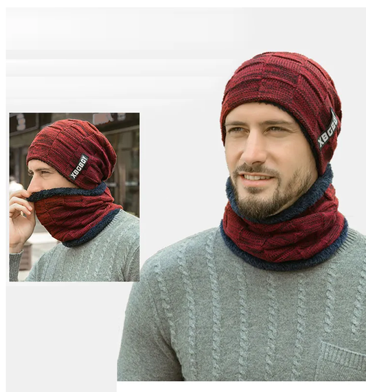Winter Beanie Mütze & Schlauchschal Set Herren, Warme Strickmütze mit Fleece Futter, Winterset mit Nackenwärmer