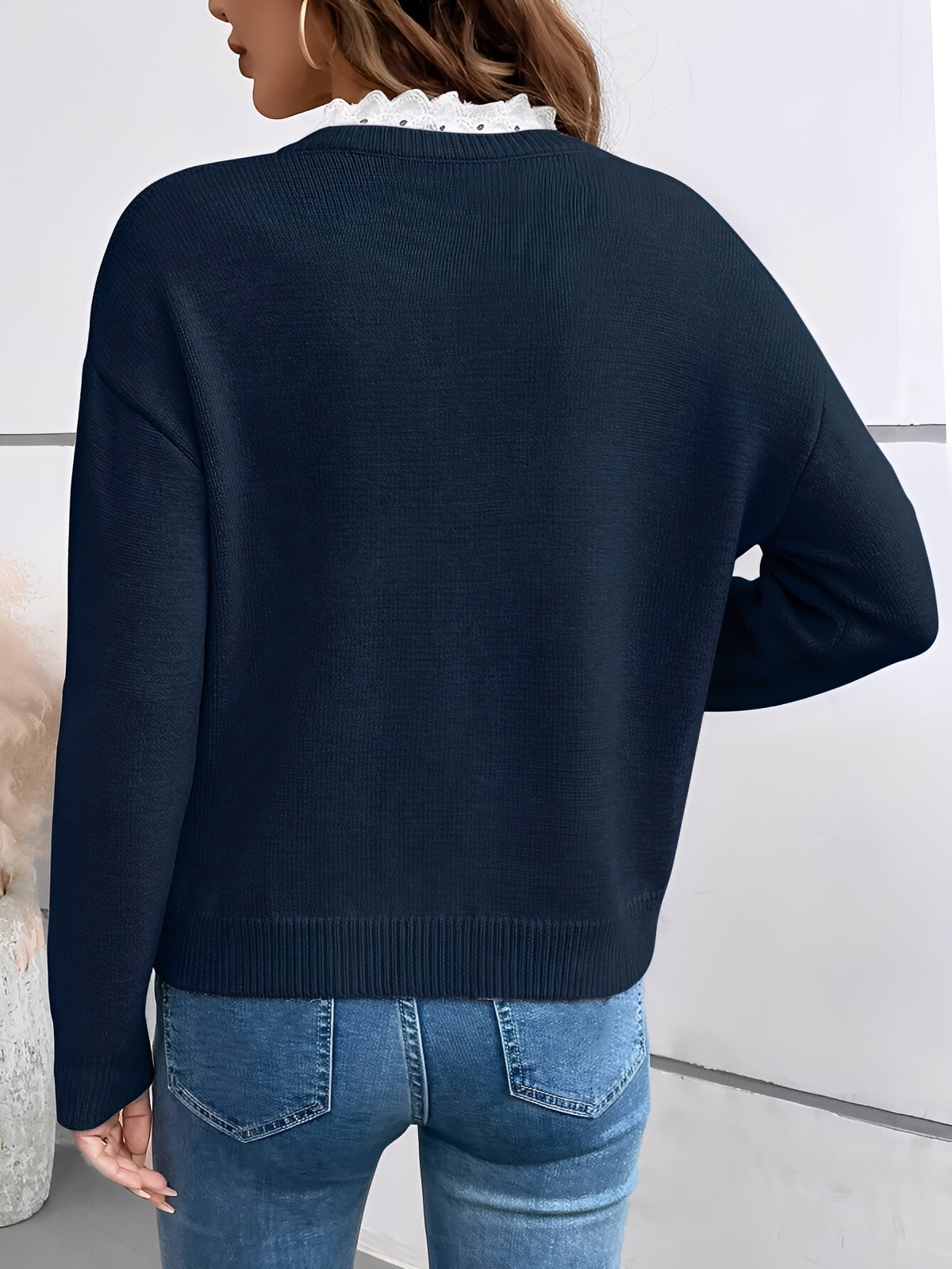 Damen V-Ausschnitt Pullover mit Spitzenborte, Langarm Strickpullover