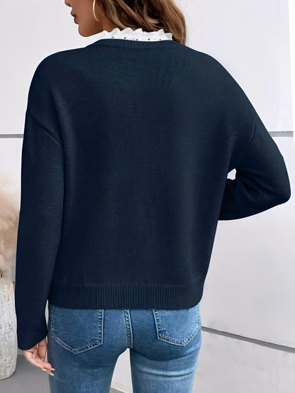 Damen V-Ausschnitt Pullover mit Spitzenborte, Langarm Strickpullover