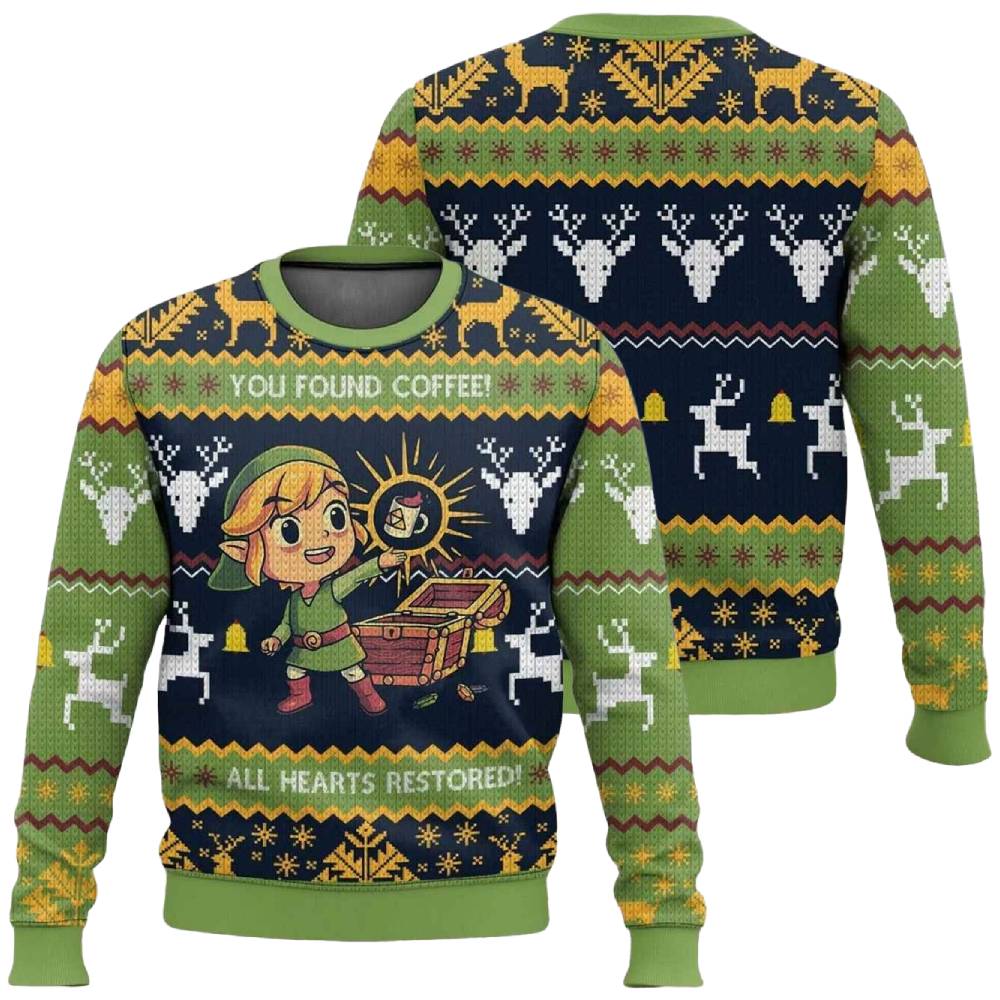 Herren Ugly Christmas Sweater mit Gaming-Motiv – Lustiger Pullover "You Found Coffee! All Hearts Restored!" für Gamer & Weihnachtsfeiern