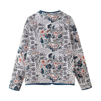 Damen Steppjacke im Blumenmuster mit Kontrastbesatz
