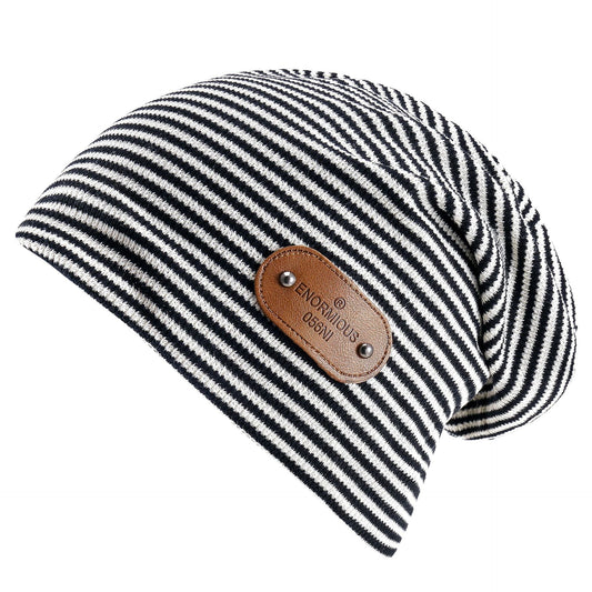 Slouch Beanie Mütze Gestreift mit Kunstleder-Patch