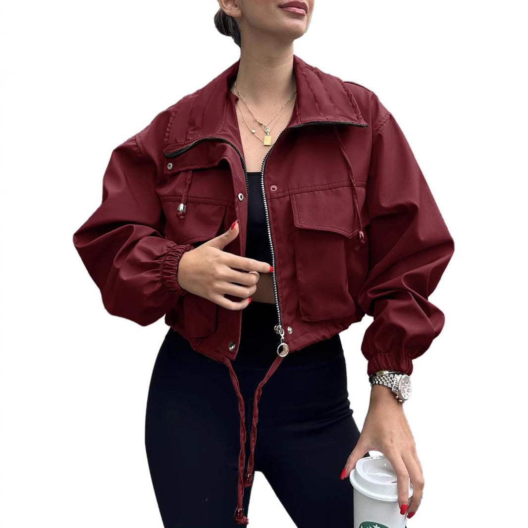 Kurze Damen Bomberjacke mit Stehkragen & Taschen