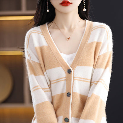 Damen Streifen Cardigan mit V-Ausschnitt und Knopfleiste