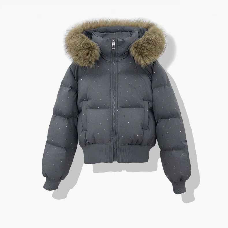 Kurze Pufferjacke für Damen mit Kunstfellkapuze und Glitzerdetails