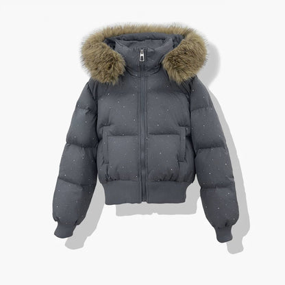 Kurze Pufferjacke für Damen mit Kunstfellkapuze und Glitzerdetails