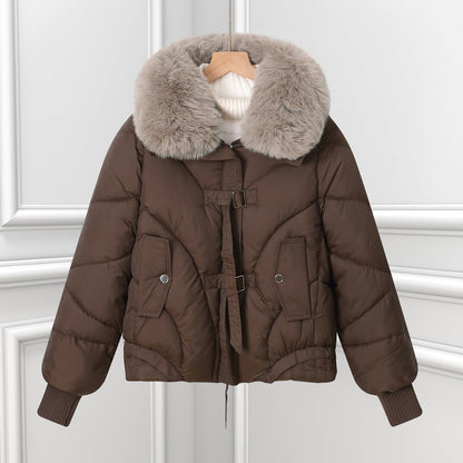 Damen Winter Steppjacke mit großem Fellkragen Kurz Wattierte Jacke