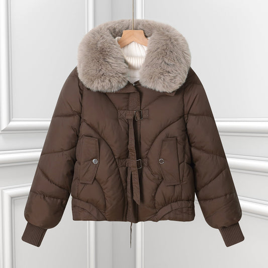 Damen Winter Steppjacke mit großem Fellkragen Kurz Wattierte Jacke