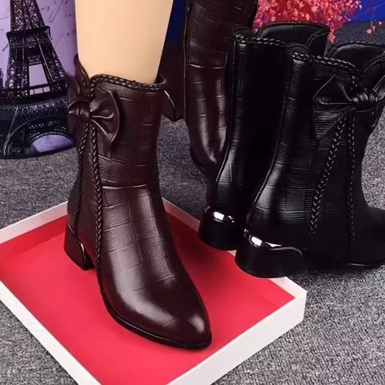 Damen Stiefeletten mit Schleife und Zopfmuster Applikation