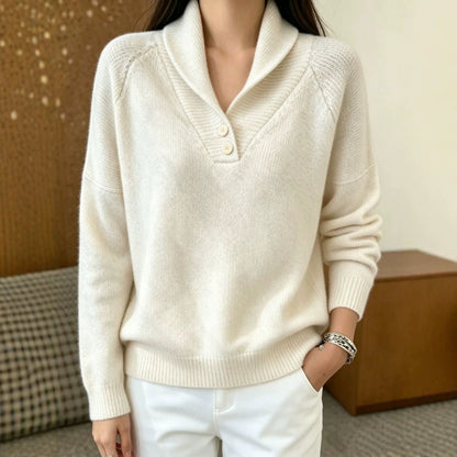 Damen Schalkragen Pullover mit Knöpfen - Weiches Strickoberteil