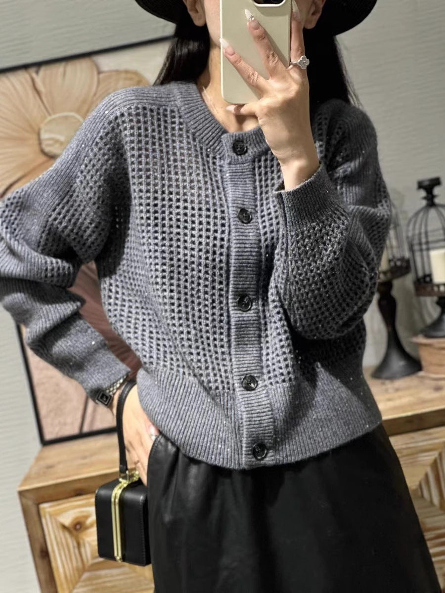 Damen Strick-Cardigan mit Lochmuster und Knopfleiste