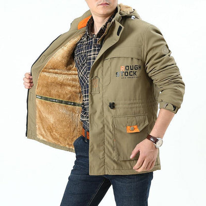 Herren Winterjacke mit Kapuze, Teddyfutter und Taschen, Warm Gefütterte Outdoor Jacke