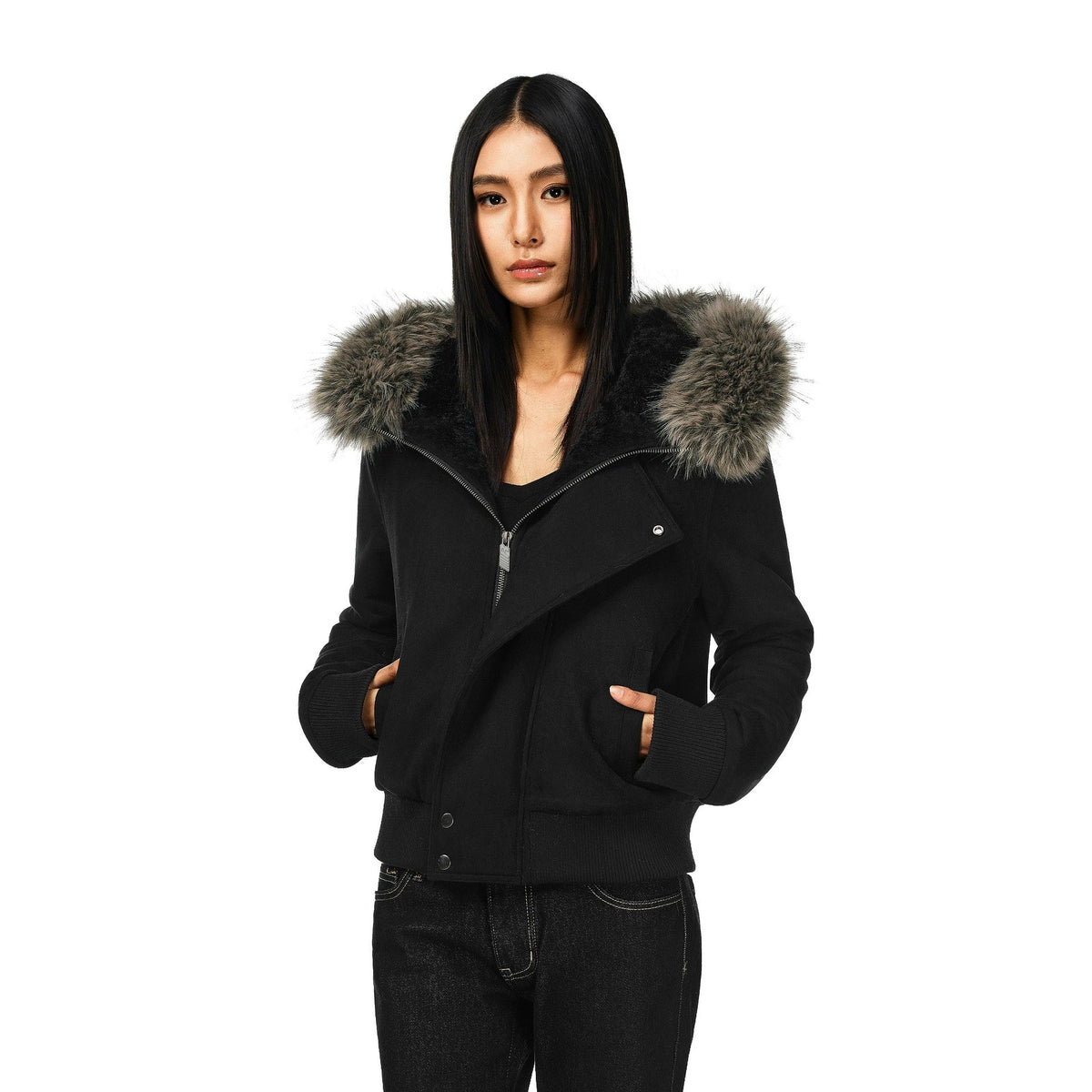Damen Bomberjacke mit Kapuze, Kunstfellbesatz und Reißverschluss