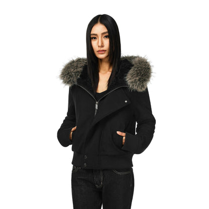 Damen Bomberjacke mit Kapuze, Kunstfellbesatz und Reißverschluss