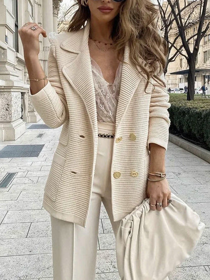Damen Strukturstrick Blazer Zweireiher mit Reverskragen