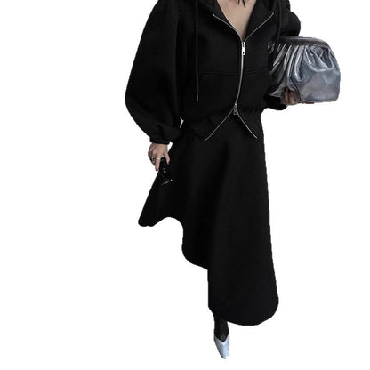 Damen Hoodie & Midirock Set mit Puffärmeln, Zweiteiler