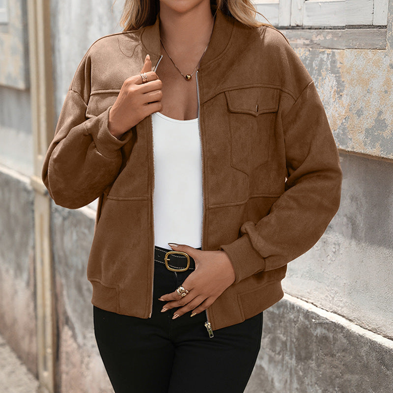 Damen Bomberjacke Braun mit Reißverschluss und Pattentaschen