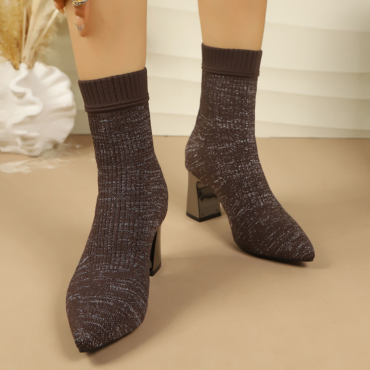 Damen Strickstiefeletten Spitzer Zeh Blockabsatz Glitzerndes Garn Socken Stiefeletten