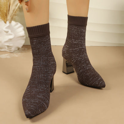 Damen Strickstiefeletten Spitzer Zeh Blockabsatz Glitzerndes Garn Socken Stiefeletten