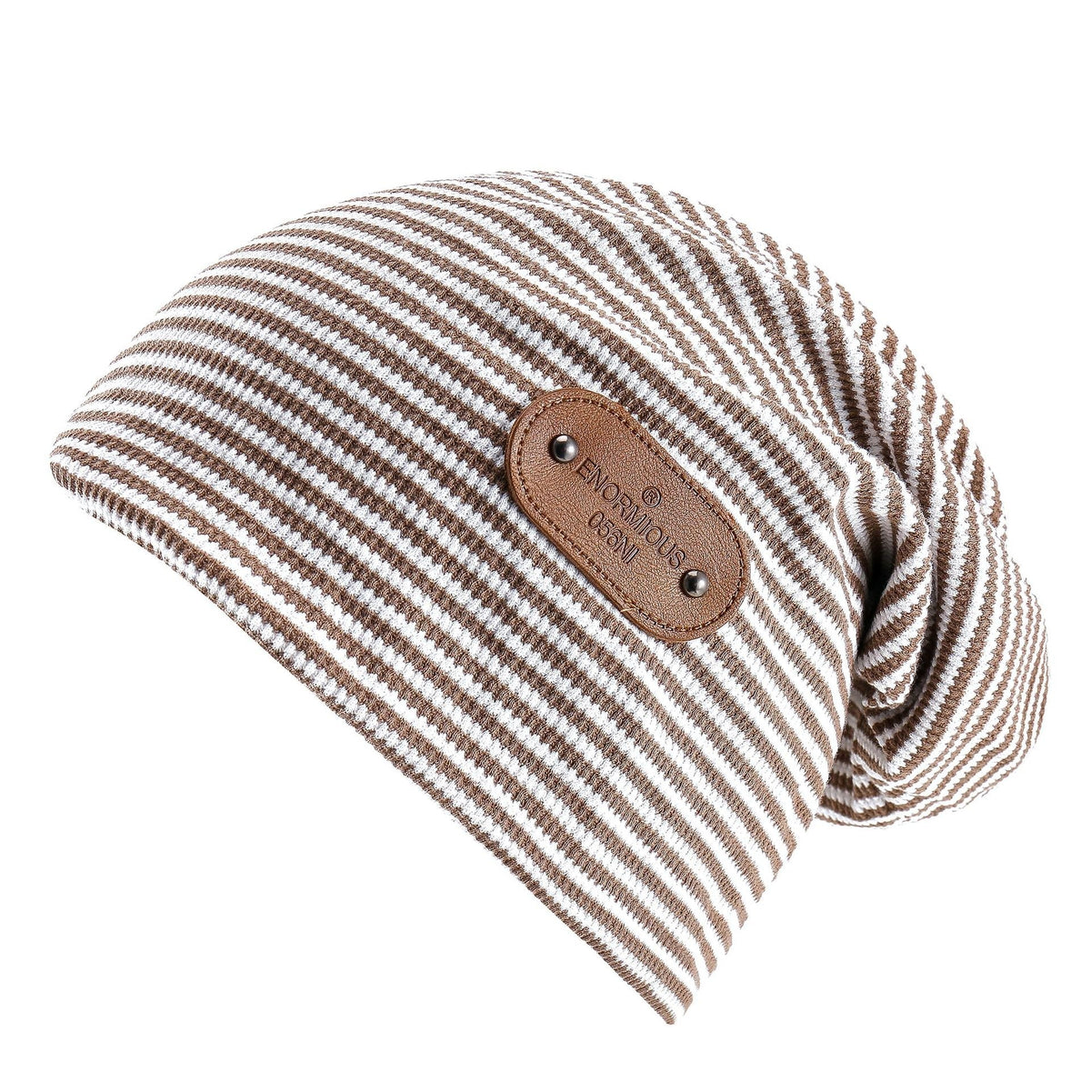 Slouch Beanie Mütze Gestreift mit Kunstleder-Patch
