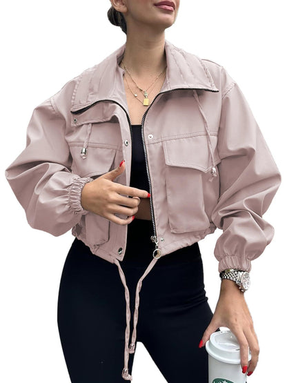 Kurze Damen Bomberjacke mit Stehkragen & Taschen