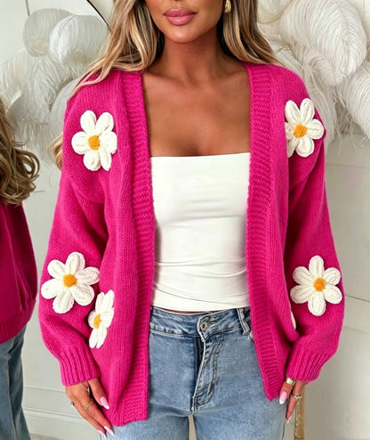 Damen Strickjacke mit offenen Blütenapplikationen