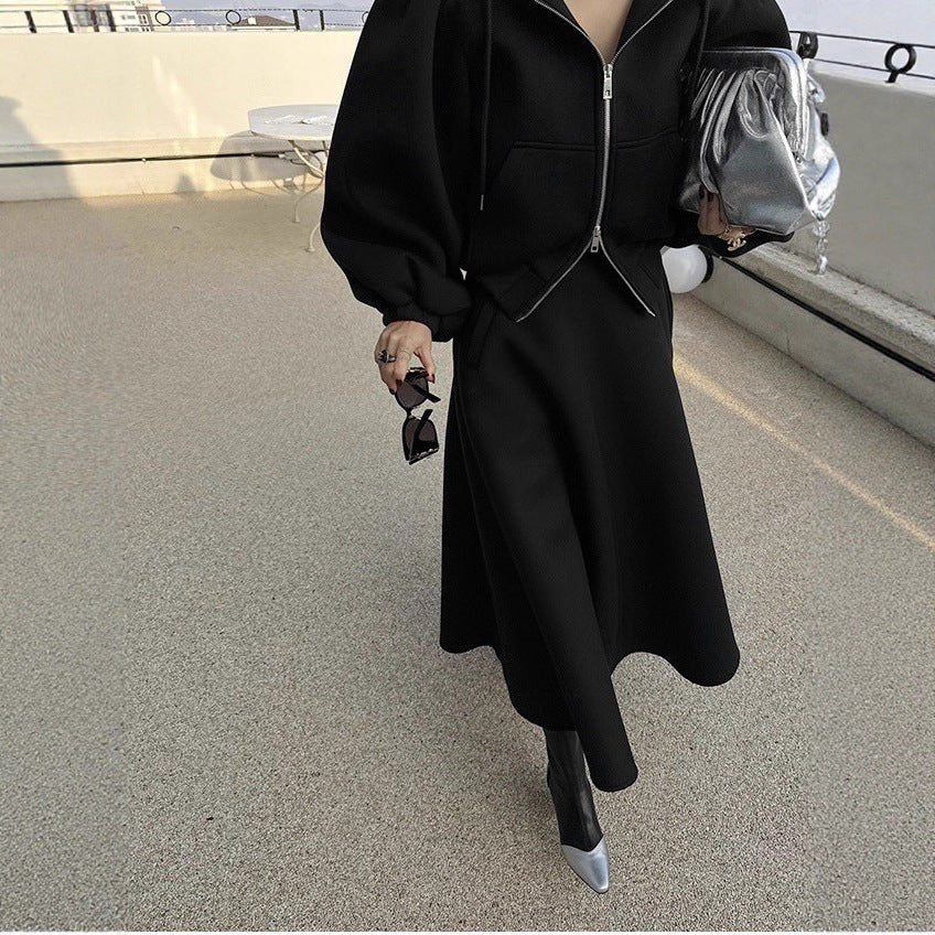 Damen Hoodie & Midirock Set mit Puffärmeln, Zweiteiler