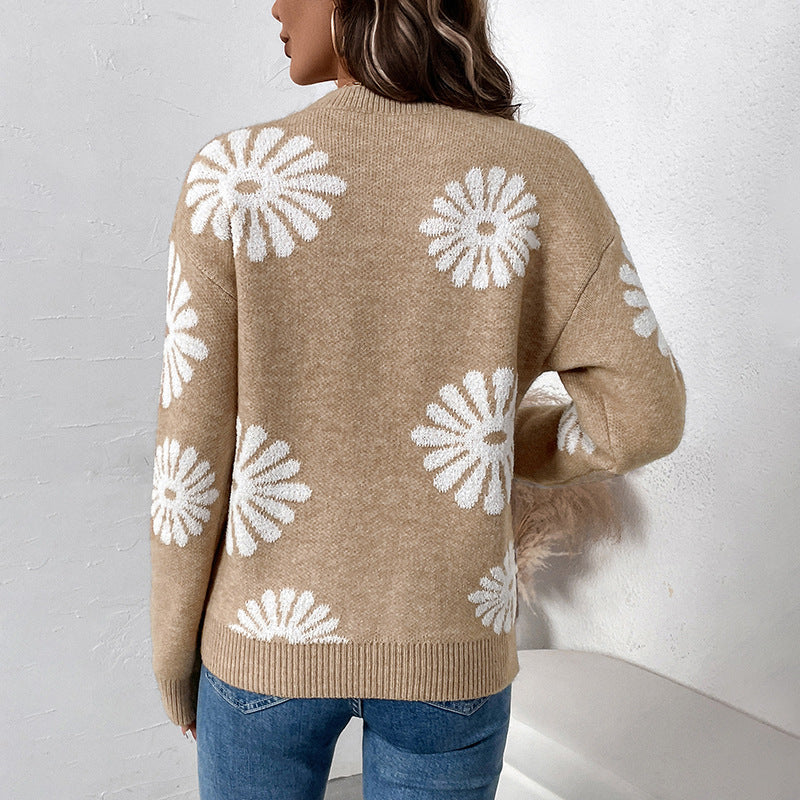 Damen Pullover Beige mit weißen Blumenmuster Rundhalsausschnitt Langarm Strick