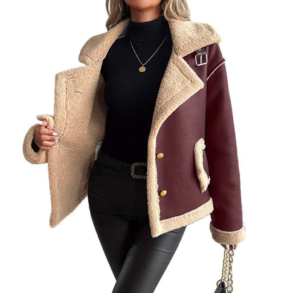 Damen Kurzjacke mit Teddyfutter, Kunstleder-Optik, Braun/Beige