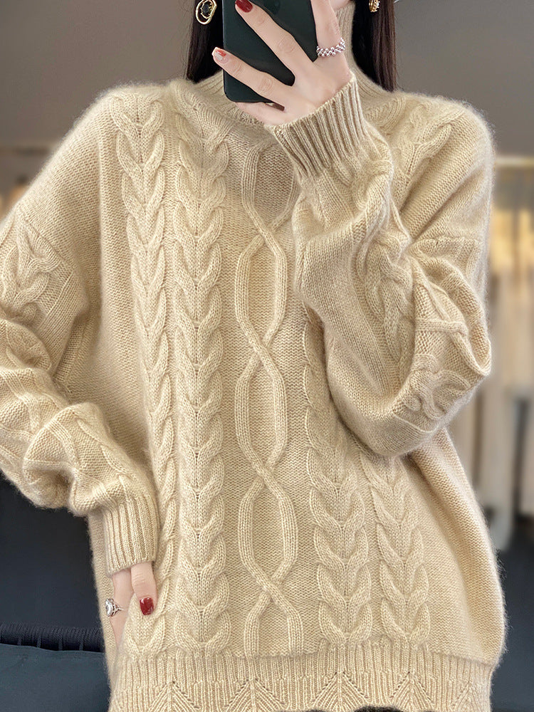 Damen Zopfstrick Pullover in Naturbeige mit Rundhalsausschnitt und Rippbündchen