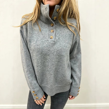 Damen Stehkragen Pullover mit Knopfleiste und Holzknöpfen an Ärmeln