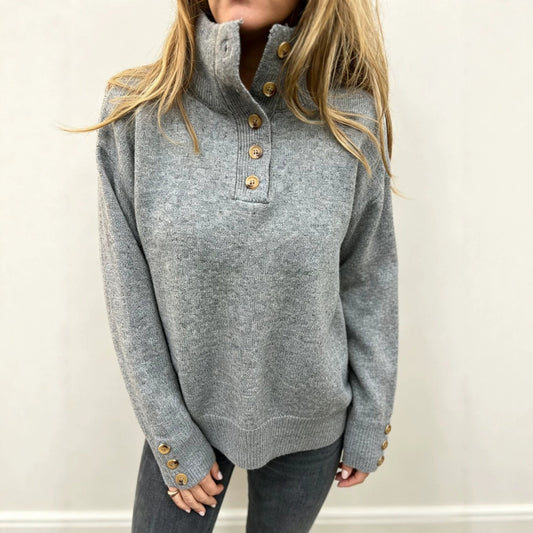 Damen Stehkragen Pullover mit Knopfleiste und Holzknöpfen an Ärmeln