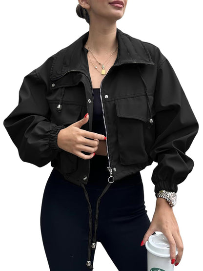 Kurze Damen Bomberjacke mit Stehkragen & Taschen