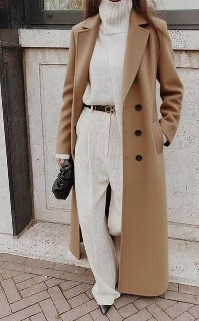 Eleganter Damen Langer Mantel mit Reverskragen und Knopfverschluss