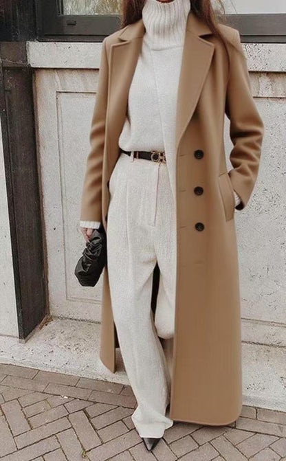 Eleganter Damen Langer Mantel mit Reverskragen und Knopfverschluss