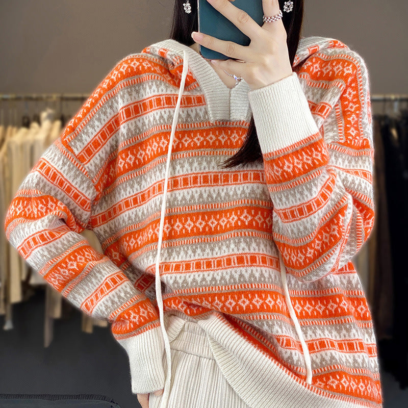 Strick Pullover mit Kapuze und Norwegermuster, Orange-Weiß oder Schwarz-Weiß
