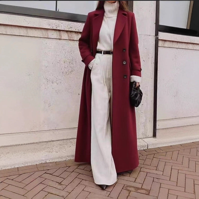 Eleganter Damen Langer Mantel mit Reverskragen und Knopfverschluss