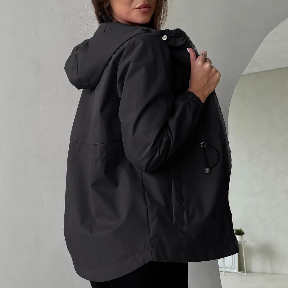 Damen Jacke mit Kapuze und Kordelzug in der Taille, Leichte Übergangsjacke