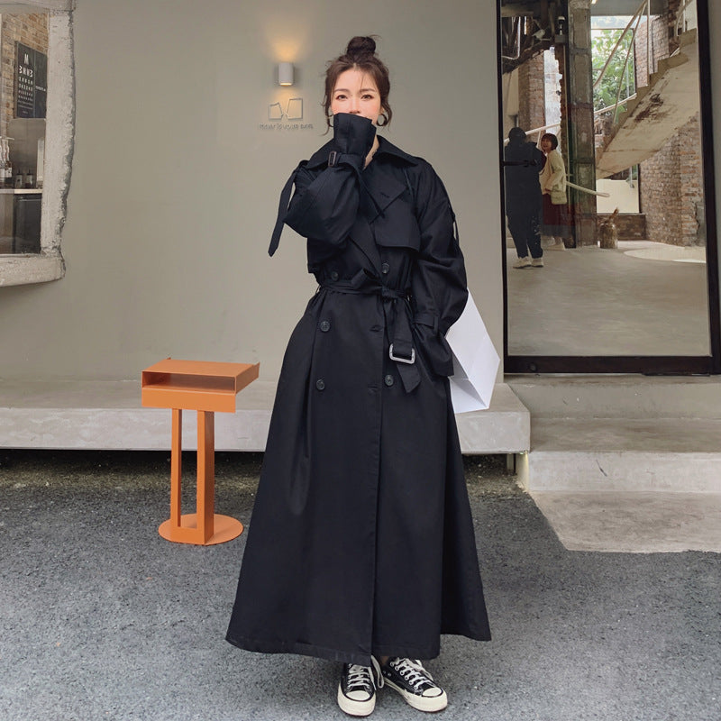 Damen Langer Trenchcoat Schwarz Doppelreiher mit Bindegürtel