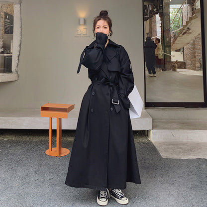 Damen Langer Trenchcoat Schwarz Doppelreiher mit Bindegürtel