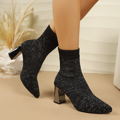 Damen Strickstiefeletten Spitzer Zeh Blockabsatz Glitzerndes Garn Socken Stiefeletten
