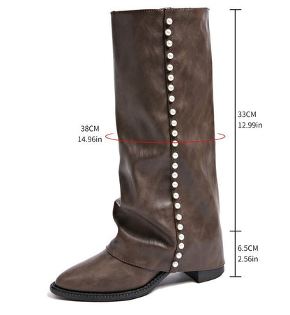 Damen Stiefel in Knöchelhöhe mit Perlenbesatz, lockerer Schaft, Schwarz oder Braun
