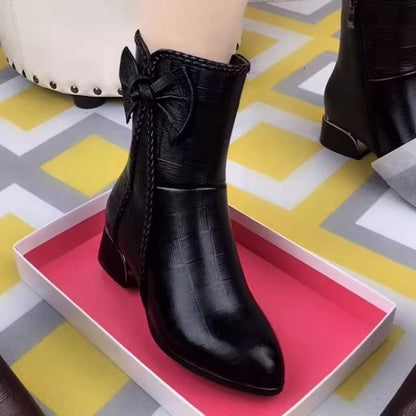 Damen Stiefeletten mit Schleife und Zopfmuster Applikation