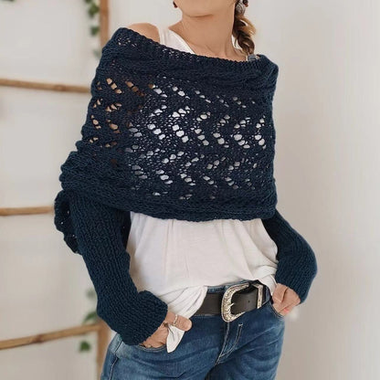 Gestrickter Bolero Damen Wickelpullover mit Ärmeln und Lochmuster