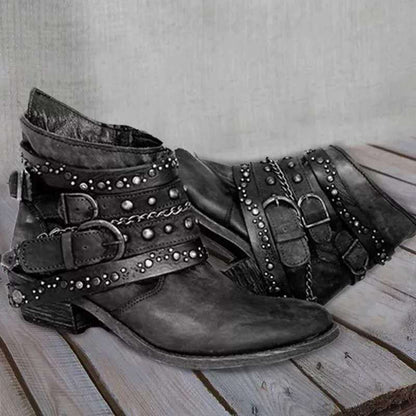 Damen Western Stiefel Vintage-Optik Ankle Boots mit Nieten und Schnallen