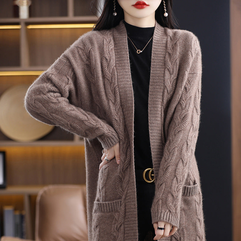 Damen Langer Strick-Cardigan mit Streifen oder Zopfmuster