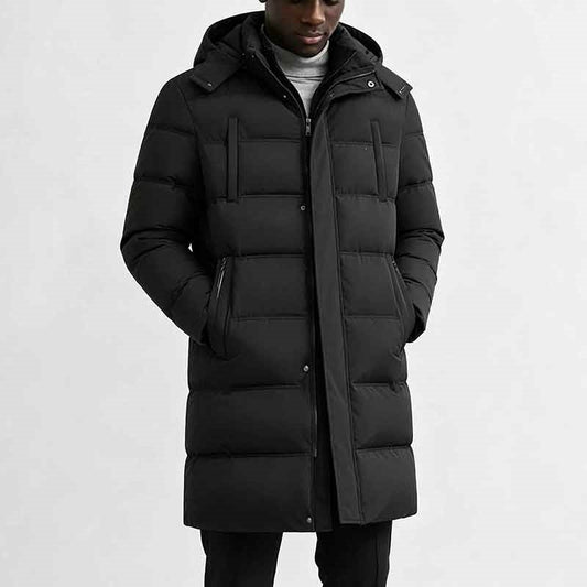 Herren Langer Steppmantel mit Kapuze | Warmer Winterparka
